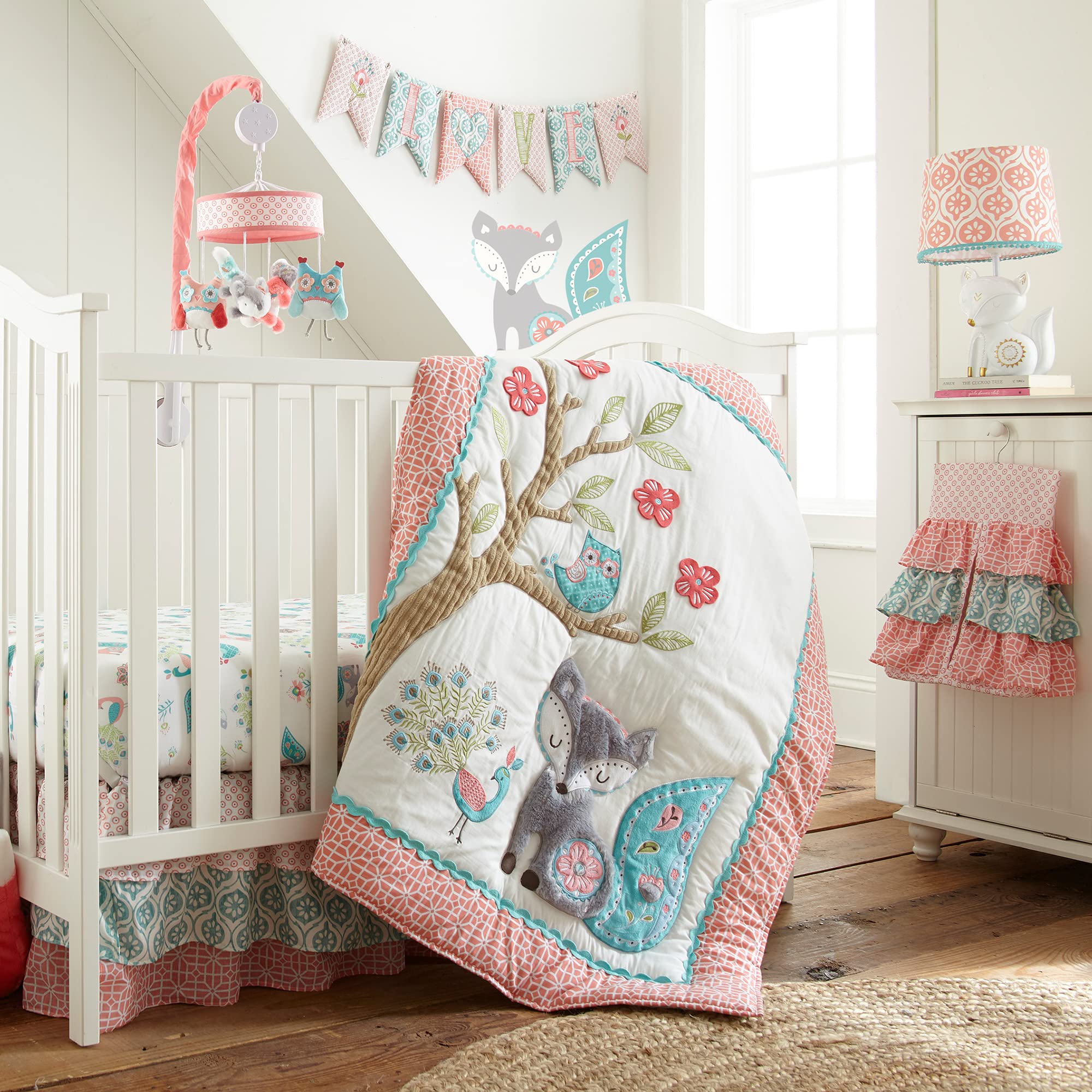 Levtex Baby - Fiona Table Lamp - Spindle Base with Pink Rosette Shade - Nursery Lamp - Base and Shade - Pink, Teal, White - Nurs